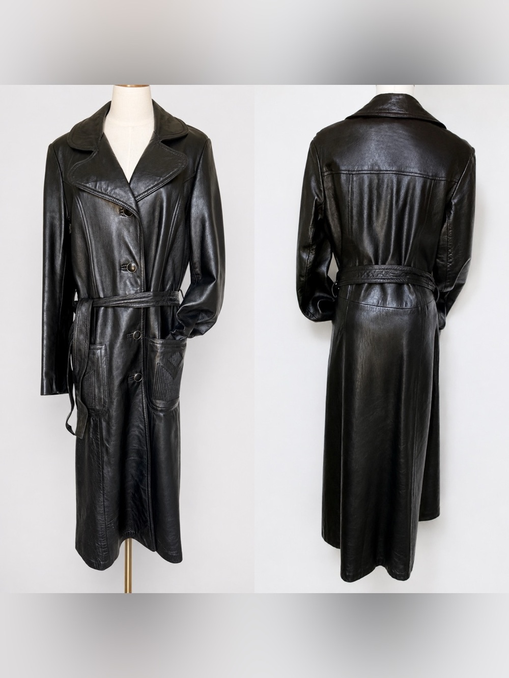 VTG 70s Dan Di Modes Black Leather Trench Coat Belted Penny Lane Size 14 Medium